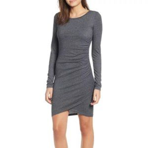 Leith Womens Heather Gray Ruched Side Bodycon Dress Long Sleeve Scoop Neck XS